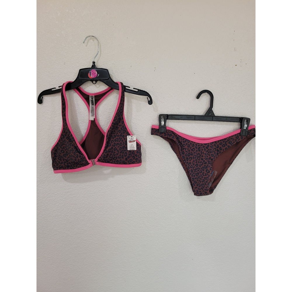 Victoria's Secret PINK Leopard Print Brazilian Bikini Set Neon Pink Trim S #12